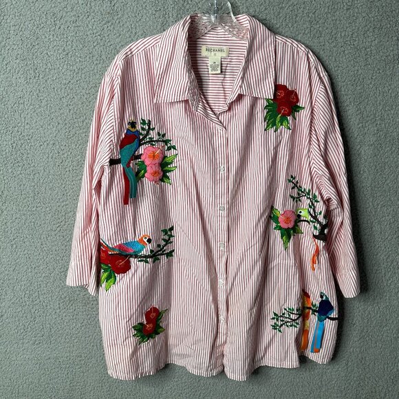 Bechamel 2X Red White Stripe Button Shirt Parrot‎ Floral Embroidered Cotton Top - Picture 1 of 13